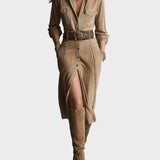 Dames bruin modieuze midi jurk van suede