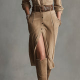 Dames bruin modieuze midi jurk van suede