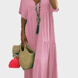 Linnea – Zachte maxi jurk met ruffles en V-hals