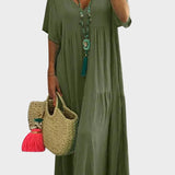 Linnea – Zachte maxi jurk met ruffles en V-hals