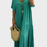 Linnea – Zachte maxi jurk met ruffles en V-hals
