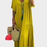 Linnea – Zachte maxi jurk met ruffles en V-hals