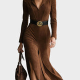 Retro westerse stijl kraag van faux suede, midi met split