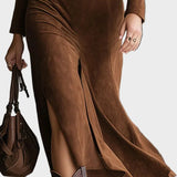 Retro westerse stijl kraag van faux suede, midi met split