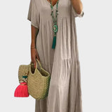 Linnea – Zachte maxi jurk met ruffles en V-hals