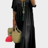 Linnea – Zachte maxi jurk met ruffles en V-hals