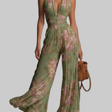 Amelia – groene geplooide jumpsuit met bloemen