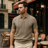 Zeno | Beige gebreide polo met structuur