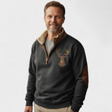 Guido | Bruine sweater met hertenmotief en halve rits
