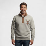 Guido | Bruine sweater met hertenmotief en halve rits