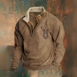 Guido | Bruine sweater met hertenmotief en halve rits