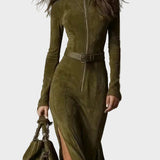 Vintage Groene Maxi Jurk met Rits en Ceintuur