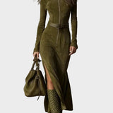 Vintage Groene Maxi Jurk met Rits en Ceintuur
