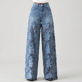 Eleanor - Denim Broek met Wijde Pijpen en Kanten