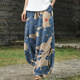 Geneviève – Beige, brede broek met blauwe print