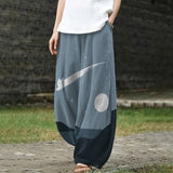Aurore – Brede grijs-blauwe broek met katten- en maanpatroon