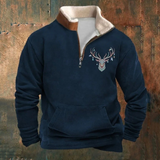 Olivier | Olijfgroene sweater met hertenmotief en halve rits