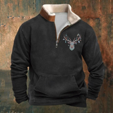 Olivier | Olijfgroene sweater met hertenmotief en halve rits