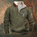 Olivier | Olijfgroene sweater met hertenmotief en halve rits