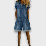 Kate - Vintage Korte Jumpsuit in Katoen met Denim Look