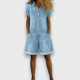 Kate - Vintage Korte Jumpsuit in Katoen met Denim Look