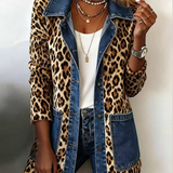 Madeleine | Luipaard Print Denim Paneel Contrast Longline Jas