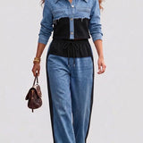 Danielle | Colourblock Cropped Jas & Wijde Pijp Broek Set